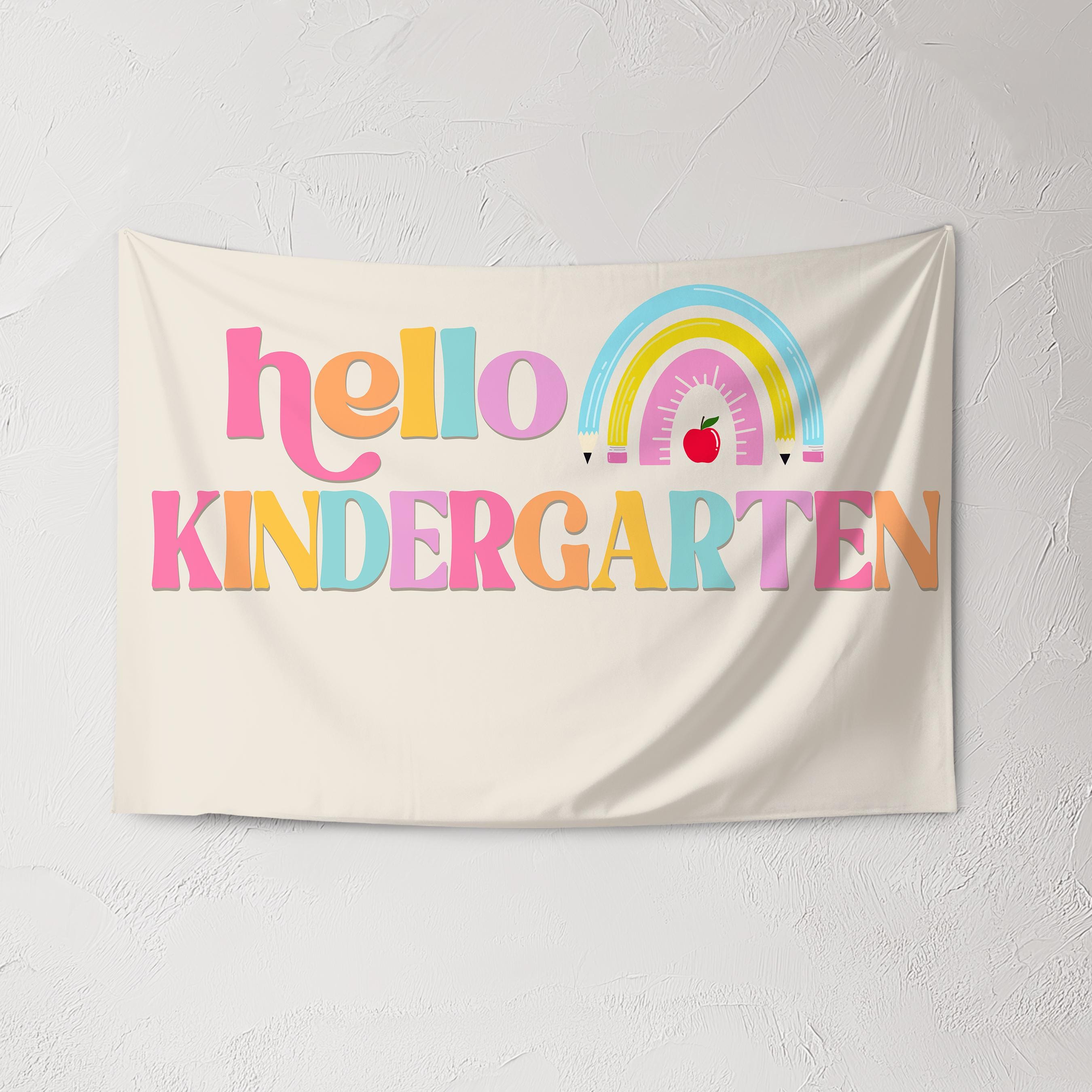 Fabric Tapestry Banner, Hello Rainbow Kindergarten, Kids Wall Art Room Decor