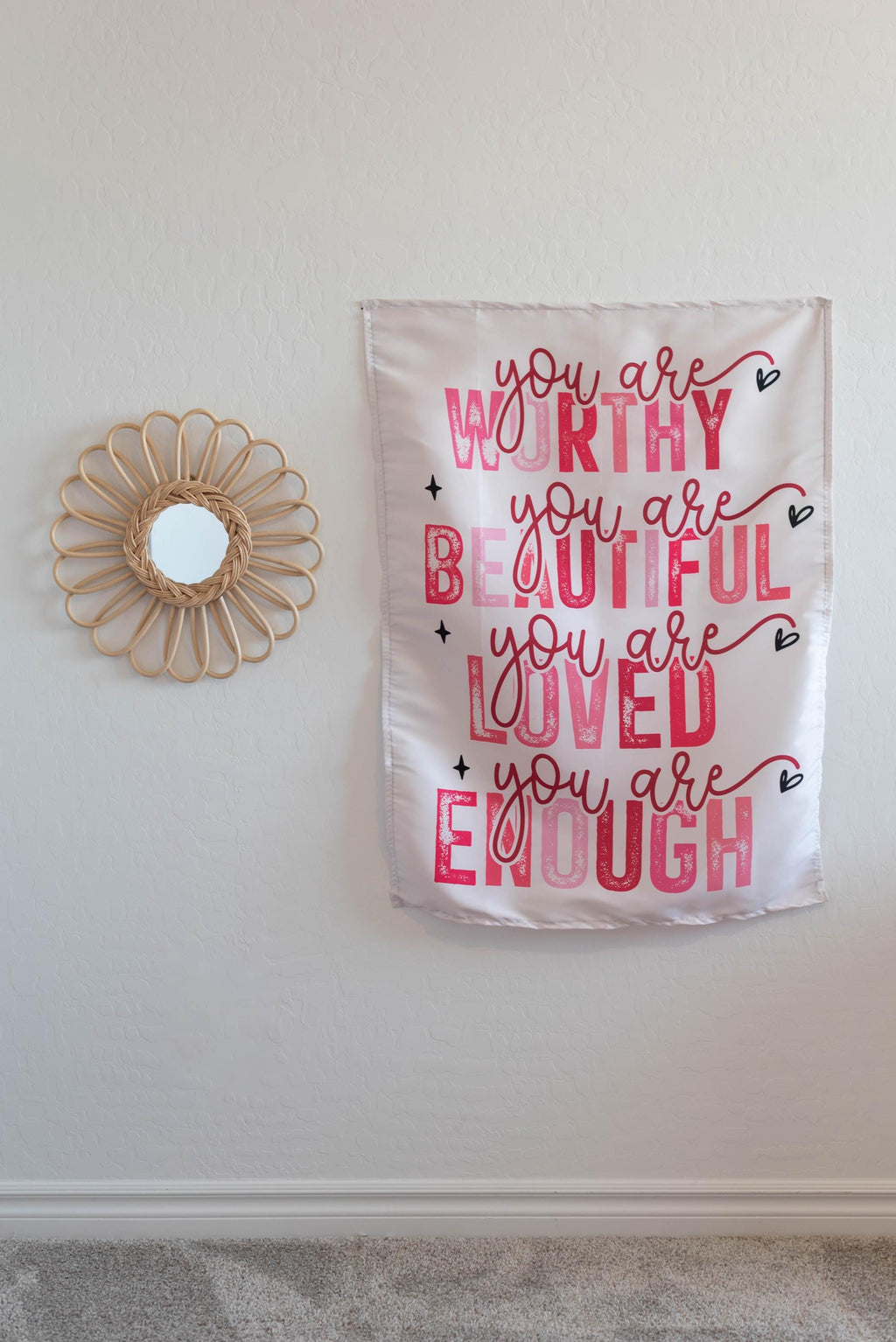 Fabric Tapestry Banner, You Are Worthy You are Beautiful, Kids Wall Art Room Decor
