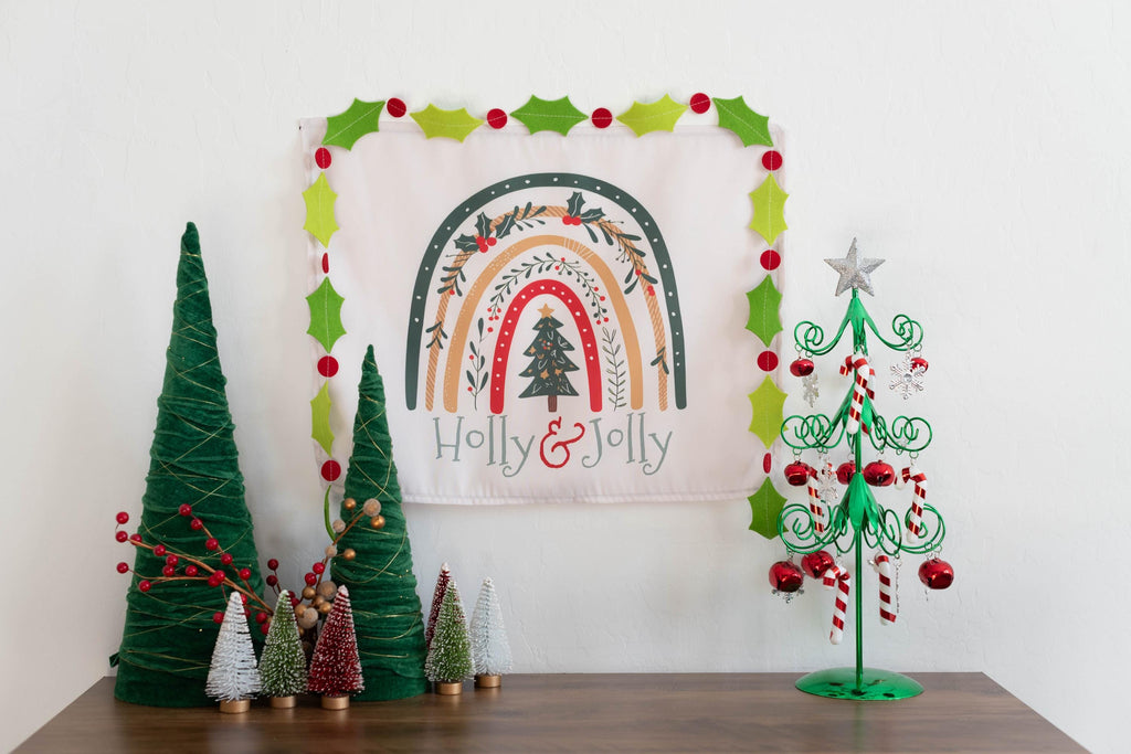 Christmas Banner Holly and Jolly, Festive Kids Fabric Tapestry, Wall art Room Decor