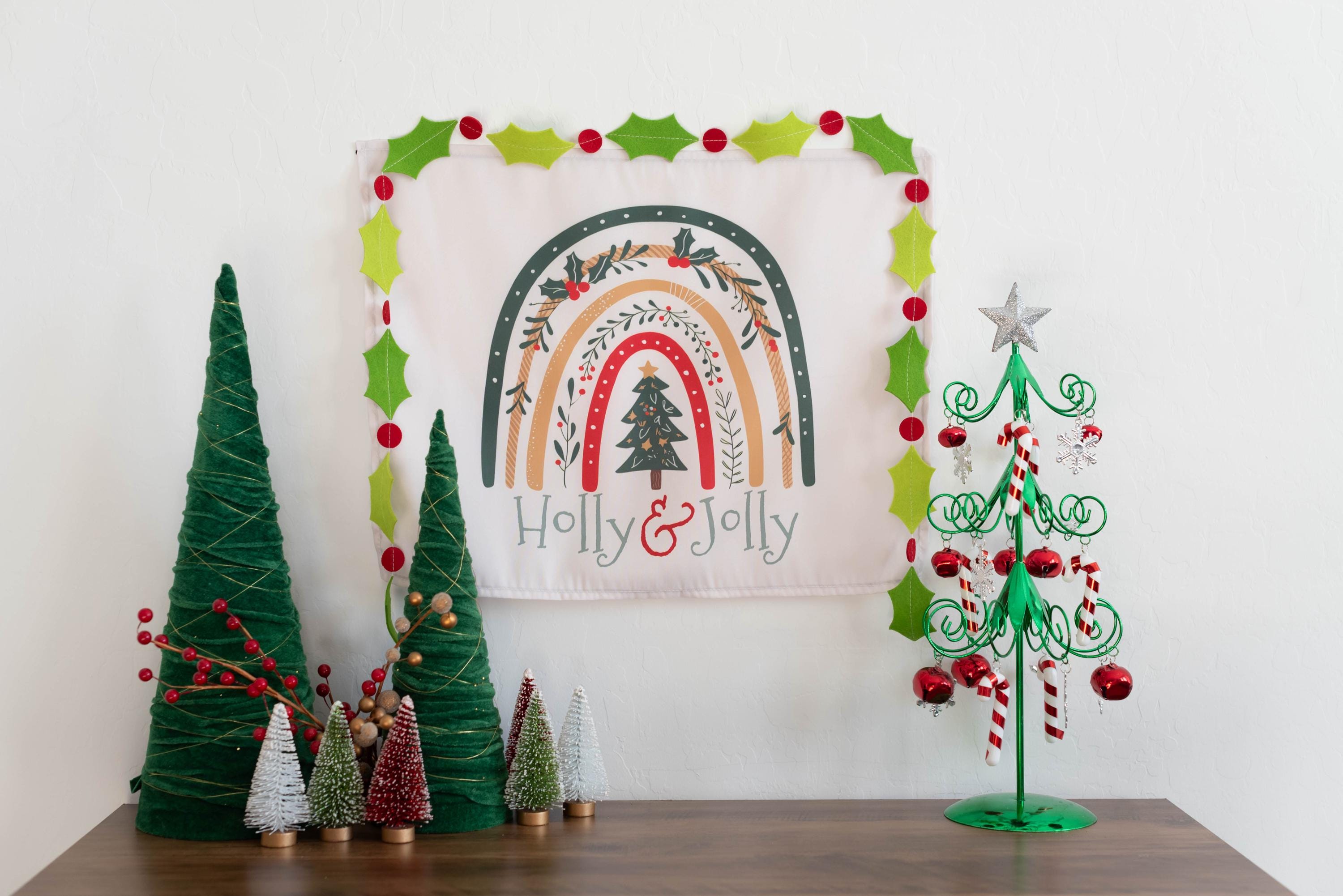 Christmas Banner Holly and Jolly, Festive Kids Fabric Tapestry, Wall art Room Decor