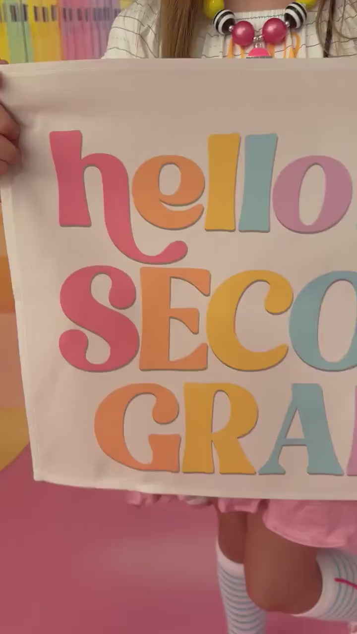 Fabric Tapestry Banner, Hello Rainbow Second Grade, Kids Wall Art Room Decor