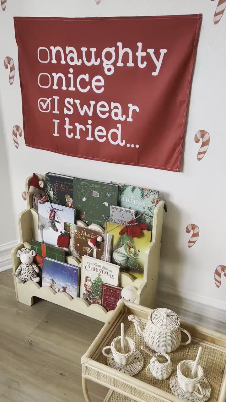 Christmas Banner, Naughty, Nice, Kids Fabric Tapestry, Wall art Room Decor