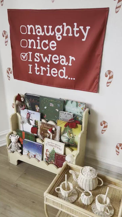 Christmas Banner, Naughty, Nice, Kids Fabric Tapestry, Wall art Room Decor