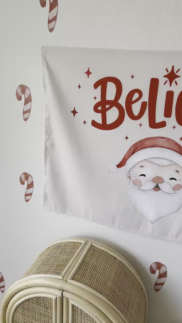 Christmas Banner, Believe - Caucasian Santa, Kids Fabric Tapestry, Santa Wall art Room Decor