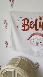 Christmas Banner, Believe - Caucasian Santa, Kids Fabric Tapestry, Santa Wall art Room Decor